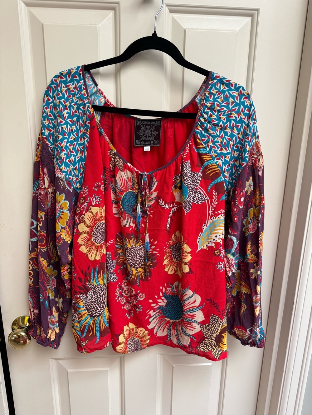 Johnny Was Tasha Red Multi Floral Peasant Blouse - Picture 3 of 8